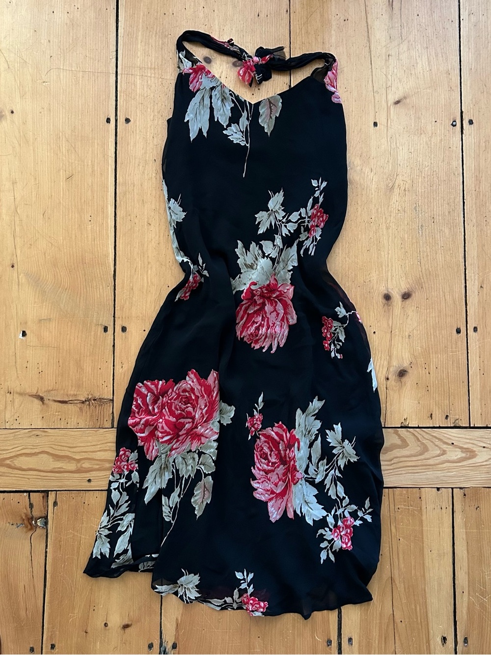 Lapis Black Midi Slip Dress with Red Rose Print